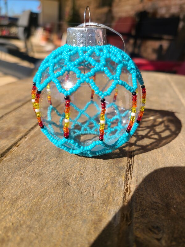 Beaded Turquoise Ornament with Fire Colors