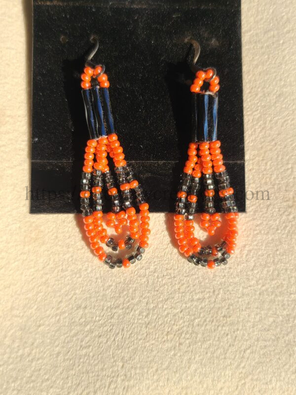 Orange and black beaded loop earrings