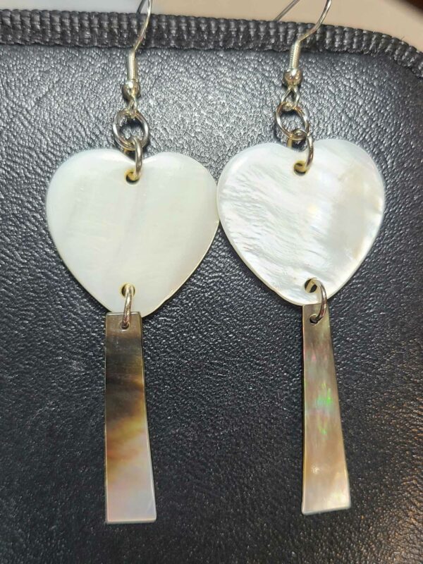 Heart shaped Mother of Pearl heart earrings with Black Butterfly shell dangles