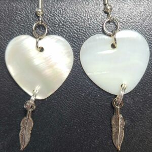 Heart shaped Mother of Pearl heart earrings with feathers