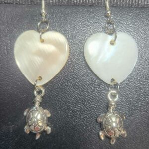 Heart shaped Mother of Pearl heart earrings with sea turtles