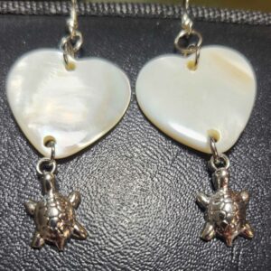 Heart shaped Mother of Pearl heart earrings with turtles