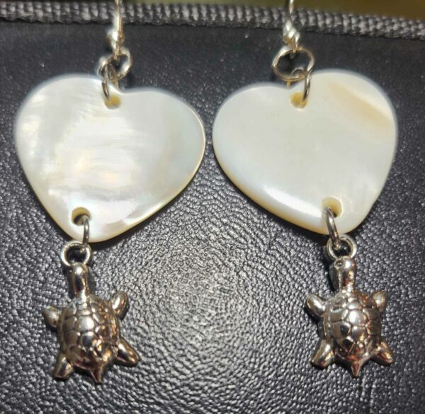 Heart shaped Mother of Pearl heart earrings with turtles