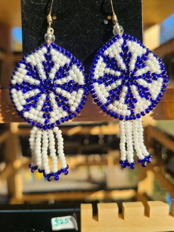 Blue & white rosette beaded earrings