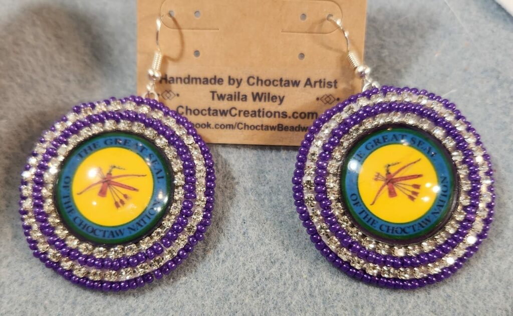 Choctaw Cabochon Beaded Earrings Purple