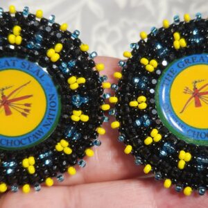 Choctaw Cabochon Triangle Beaded Earrings Yellow Blue